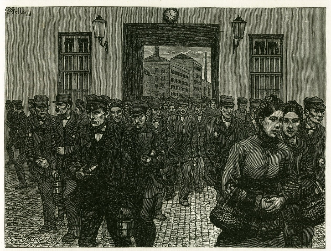 En fabrikkutgang i Gent. Gravering av X. Mellery, etter naturen, for å illustrere historien "" Belgia", i 1888, av Camille Lemonnier (1844-1913), kunstkritiker og forfatter. Publisert i Tour du monde, 2. semester 1883, redigert av Edouard Charton (1807-189 av Xavier Mellery