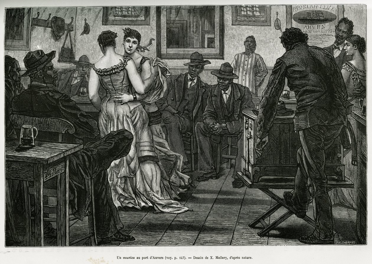 En musico ved havnen i Antwerpen, hvor sjømenn kan drikke og danse til lyden av det stikkende orgelet. Gravering av X.Mellery, for å illustrere historien om Belgia, av Camille Lemonnier, publisert i Tour du monde, redigert av Edouard Charton (1807-1890) av Xavier Mellery