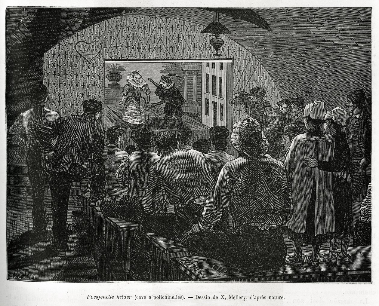 Cellar a Polichinelles, en kjeller designet for dukketeater. Gravering av X.Mellery, for å illustrere historien om Belgia, av Camille Lemonnier, publisert i Tour du monde, redigert av Edouard Charton (1807-1890) av Xavier Mellery