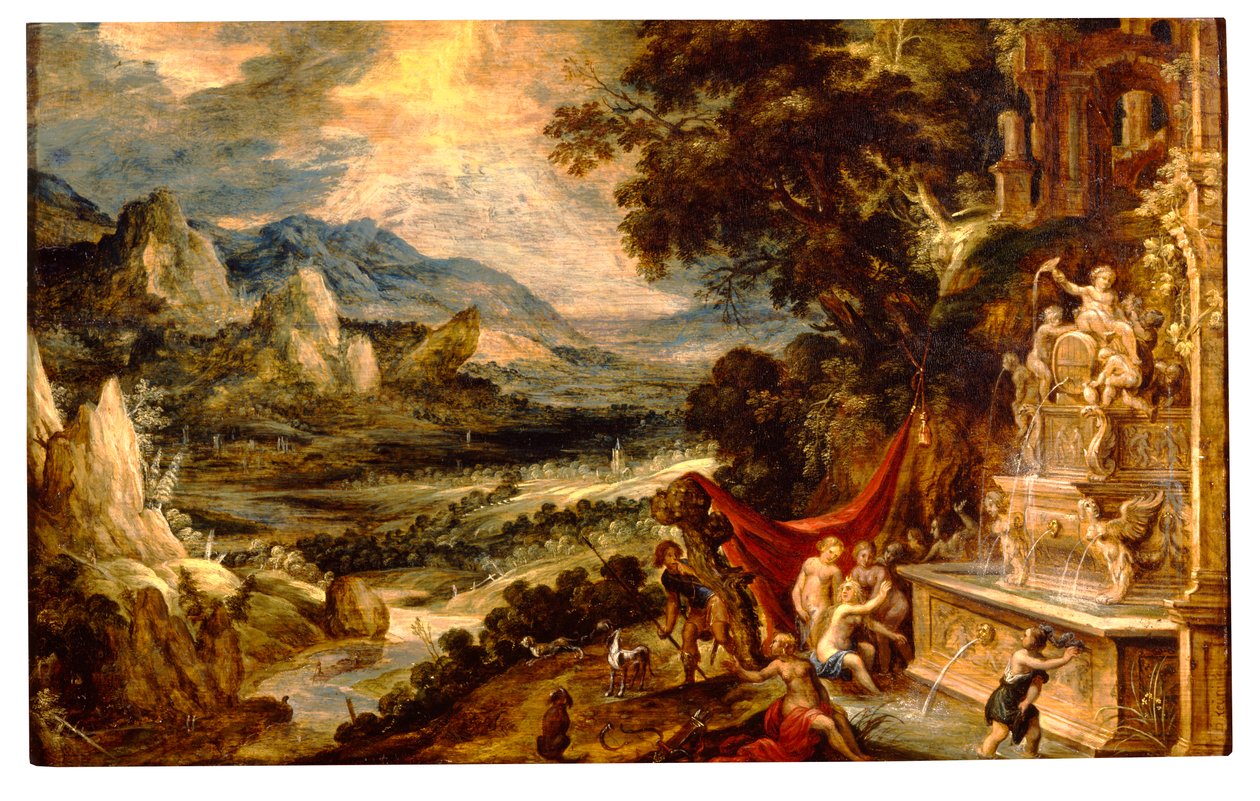 Landskap med Diana og Actaeon (olje på panel) av Xavier Mellery