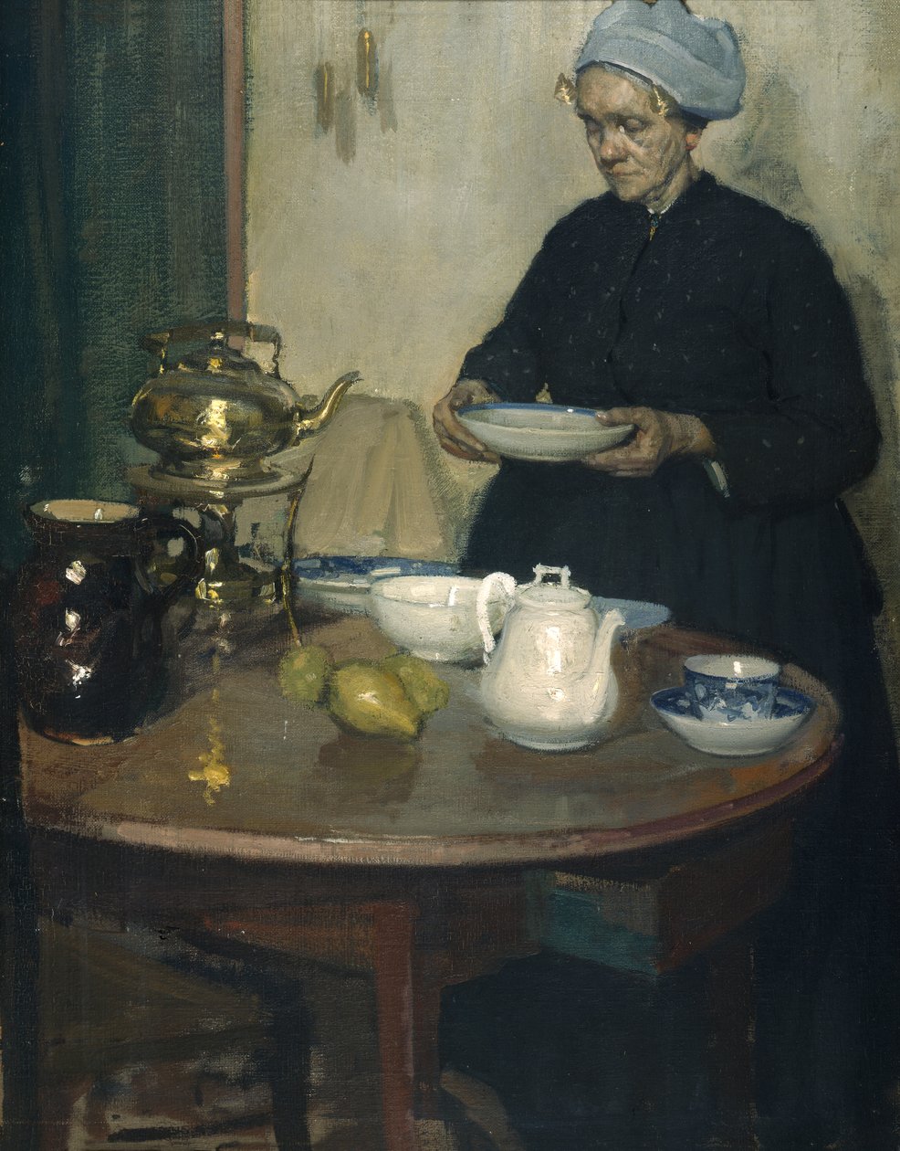 Kvinne ved salongbordet (olje på lerret) av Xavier Mellery