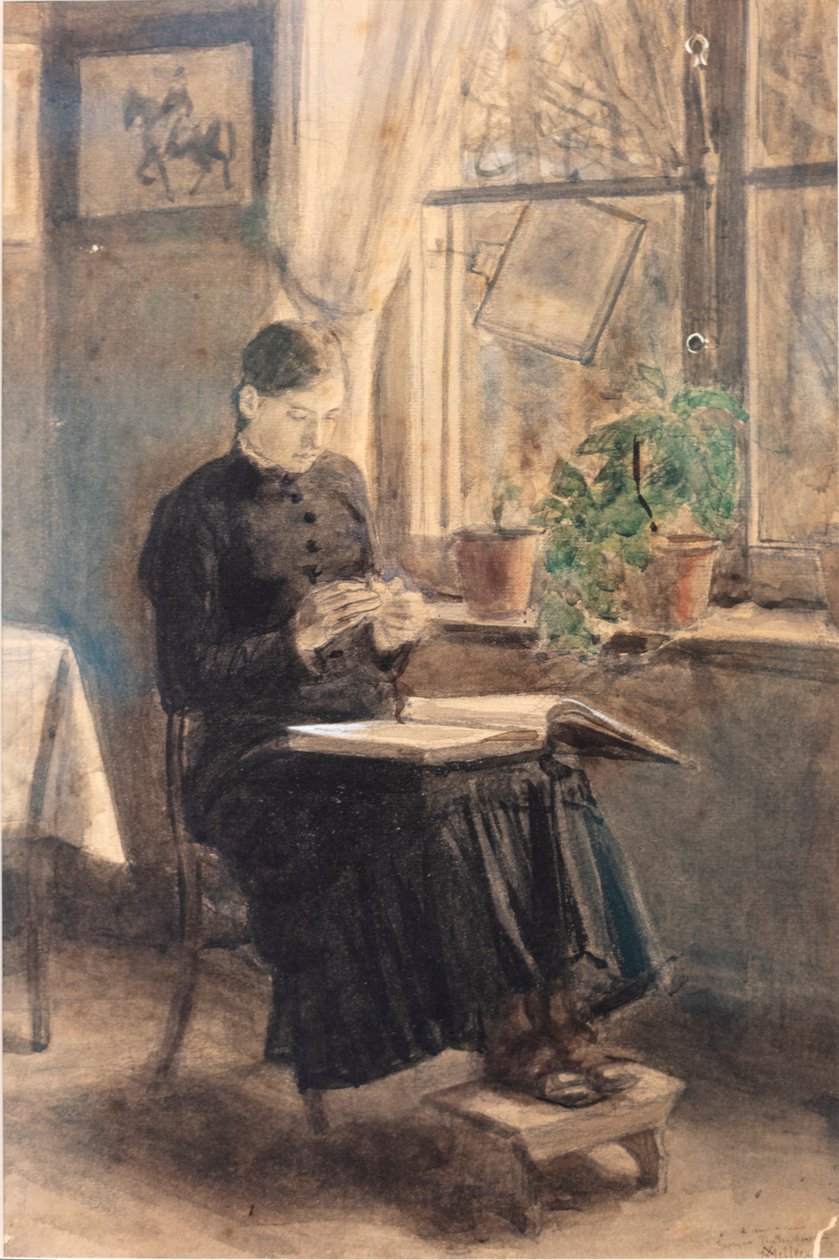 Kvinnelig blondemaker (La Dentellière) (akvarell) av Xavier Mellery