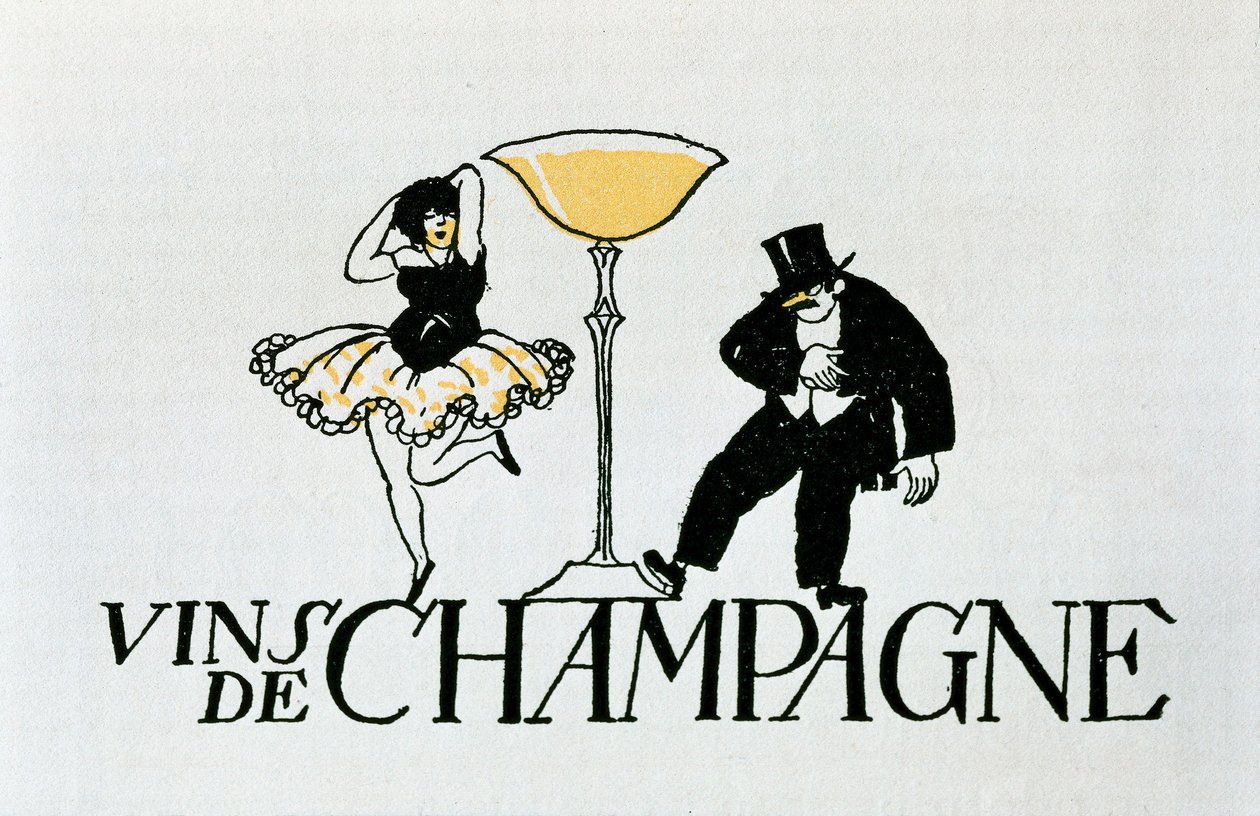 Reklamevignett for champagneviner som representerer et par som danser rundt en kopp, 1900-tallet (plakat) av Xavier Nogues