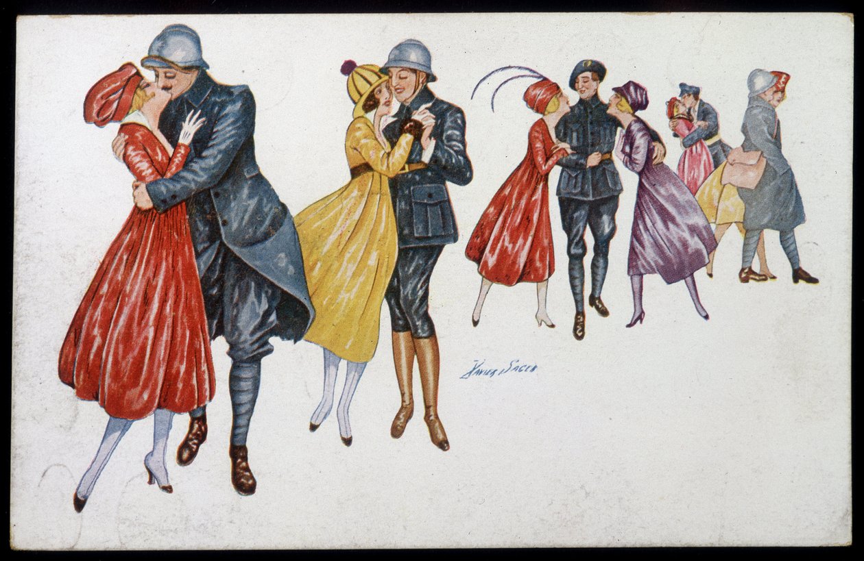 Militære og deres forlovede, marainer eller venner - illustrasjon av Xavier Sager (1870-1930) postkort, v.1915 av Xavier Sager