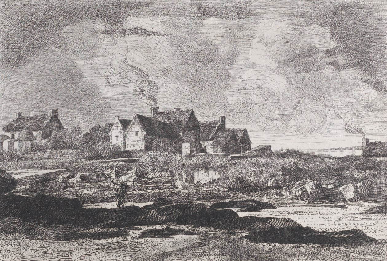 Landskap med en elv som renner til høyre og hus i bakgrunnen, 1845-75. av Xavier de Dananche