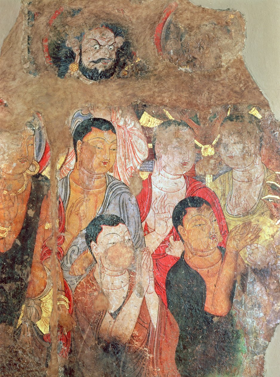 Gruppe av munker og Buddha, fra Shikshin-klosteret, Karashar, 9.-10. århundre (fragment av et maleri) av Xingjiang