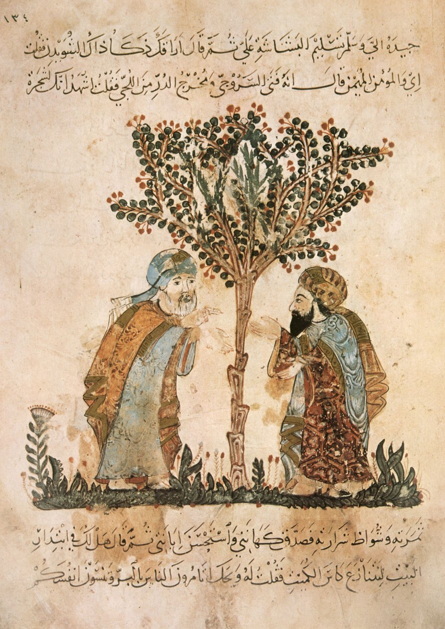 Ms Ar 5847 f.121, Abou Zayd snakker med Al-Harith, fra Al Maqamat av Al Hariri, ca. 1240 (gouache på vellum) av Yahya ibn Mahmud Al Wasiti