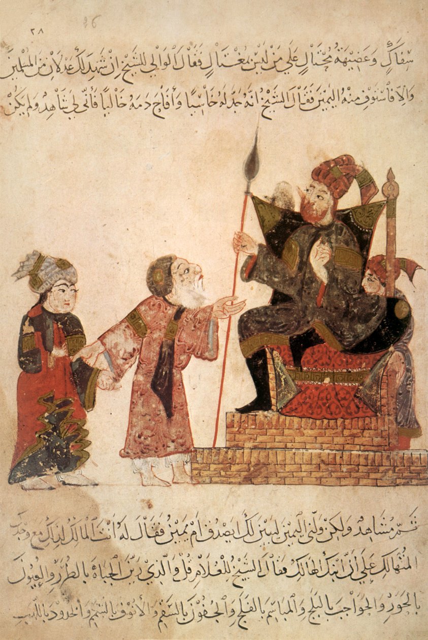 Ms Ar 5847 f.6, Abu Zayd før guvernøren Rabat, fra Al Maqamat av Al Hariri, ca. 1240 (gouache på vellum) av Yahya ibn Mahmud Al Wasiti