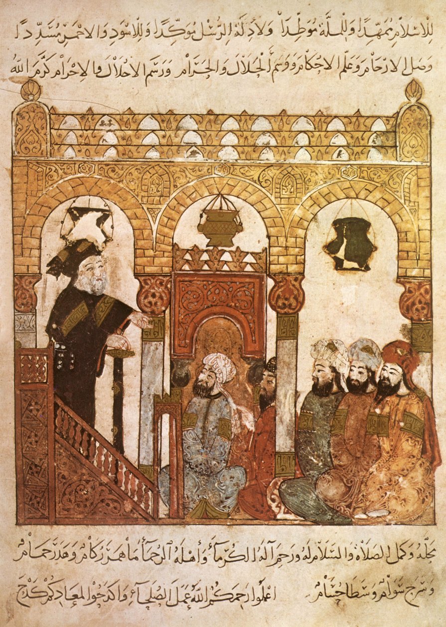 Ms Ar 5847 f.84, Abou Zayd forkynner i moskeen i Samarkhand, fra Maqamat av Al Hariri, ca. 1240 (gouache på vellum) av Yahya ibn Mahmud Al Wasiti