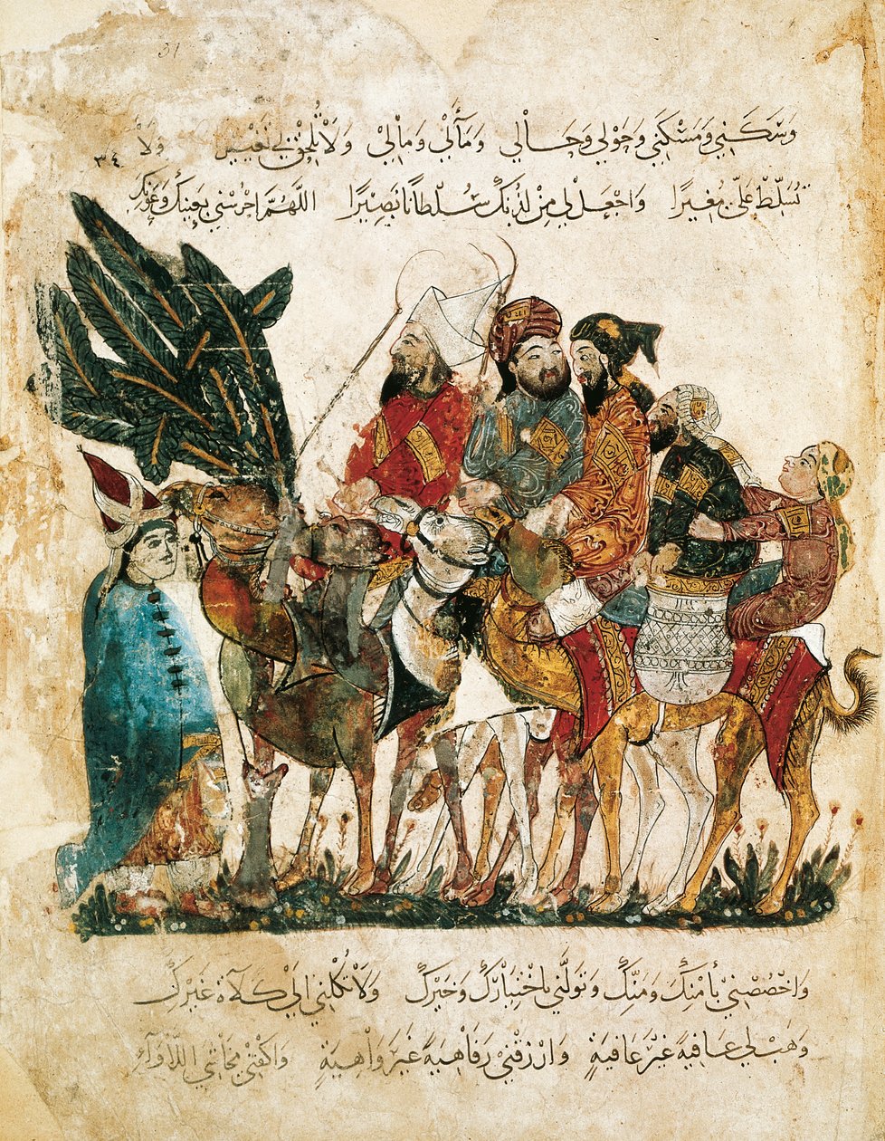 Karavane av arabiske handelsmenn, miniatyr fra Maqamat (Møtene) av Al-Hariri, ca. 1240 (gouache på vellum) av Yahya ibn Mahmud Al Wasiti