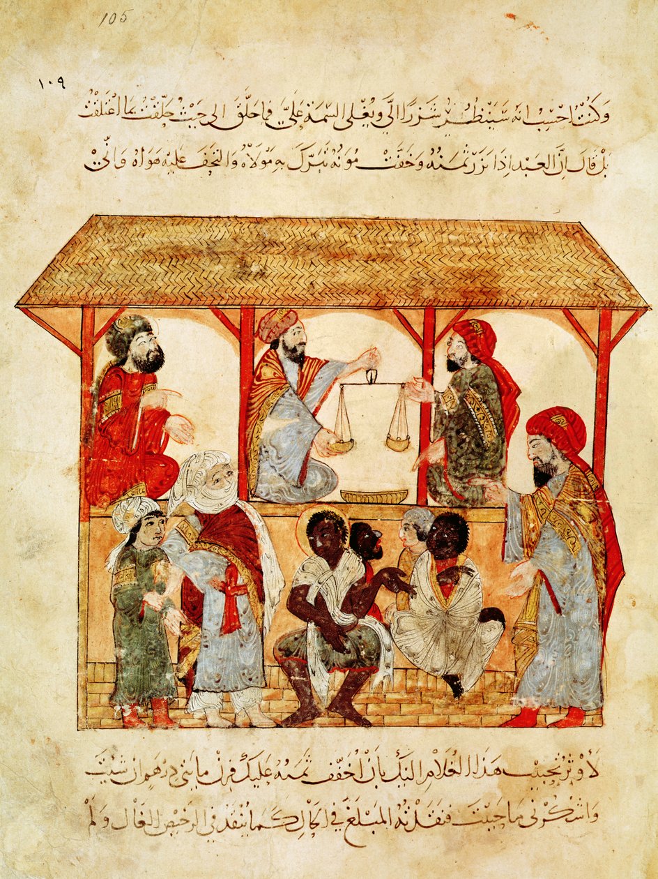 Ms. Ar 5847 f.105, A Slave Market, fra "Al Maqamat" av Yahya ibn Mahmud Al Wasiti
