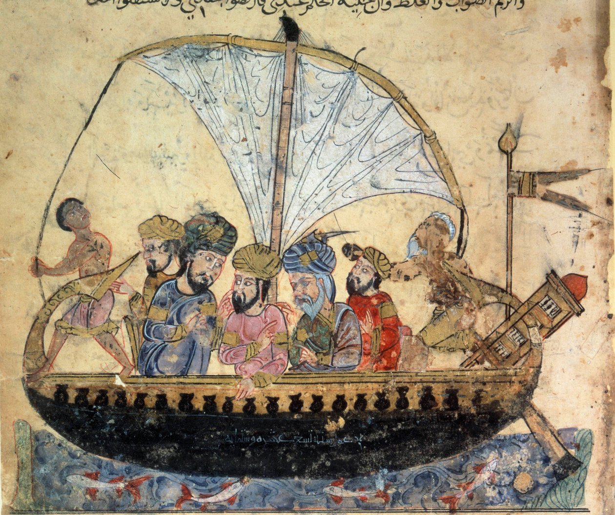 den borgerlige al-Harith (Al Harith), sønn av Hammam, og den vandrende navigatøren Abu-Zayd (Abu Zayd) på en båt som seiler på Eufrat-miniatyren fra «Maqamat» (Seanser) til Abu Mohammed al-Kasim ibn Ali Hariri (eller Al-Hariri eller Al Hariri) (1054-1122)  av Yahya ibn Mahmud Al Wasiti