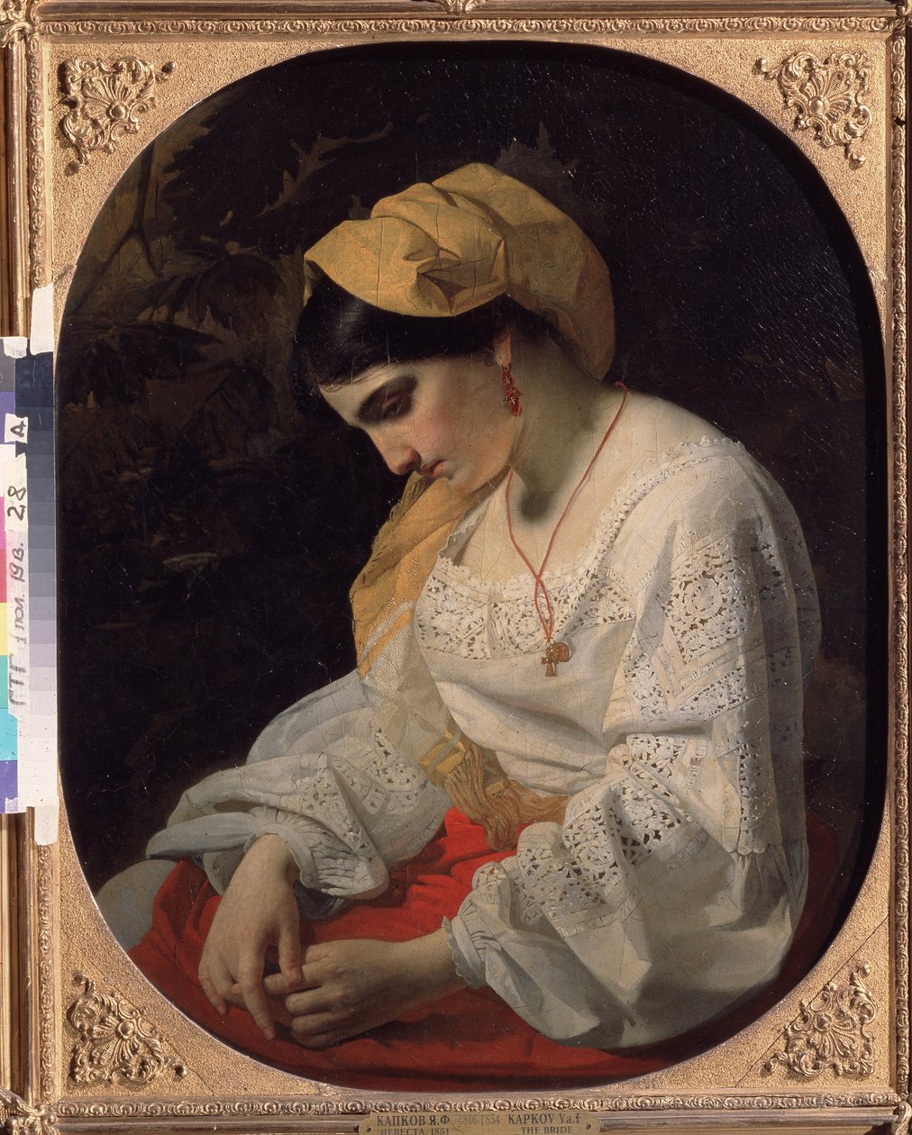 En ung brud (A Bride). Profilportrett av en trist ung kvinne med et resignert uttrykk. Maleri av Yakov Fyodorovich Kapkov (1816-1854), olje på lerret av Yakov Fyodorovich Kapkov