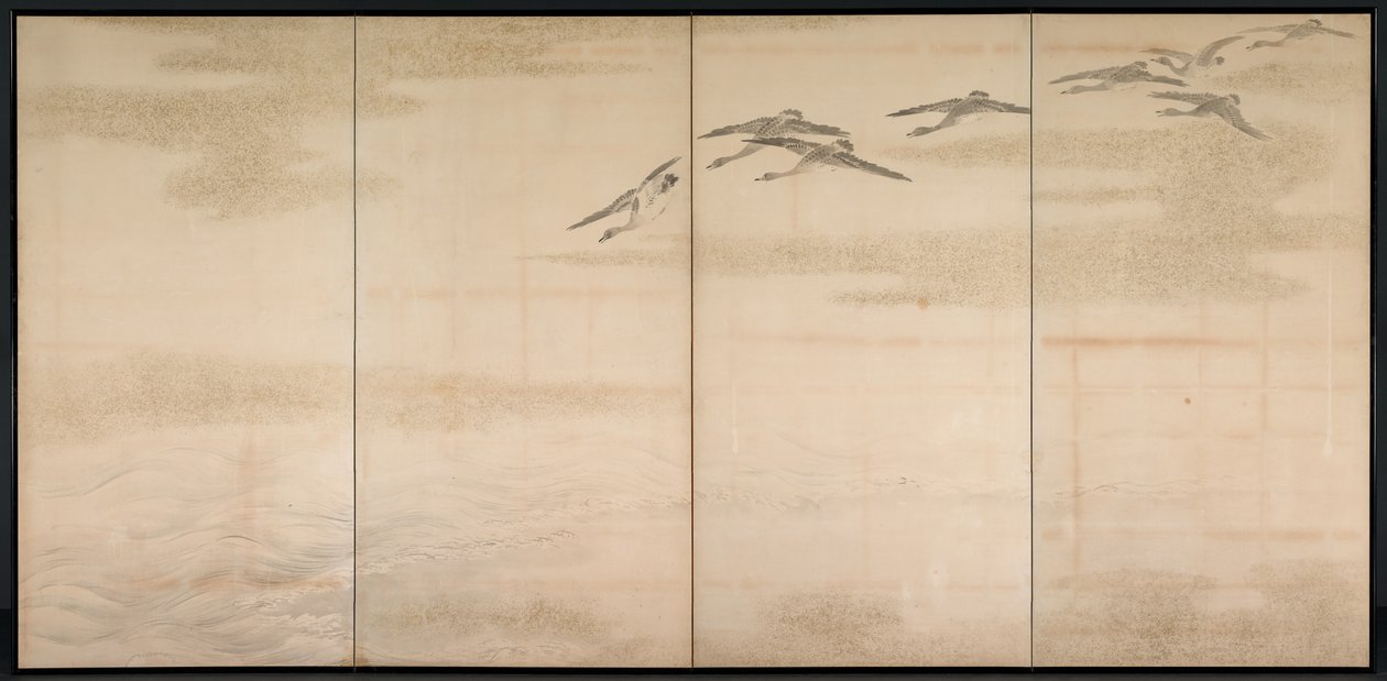 Gjess, siv og vann, 1800-tallet. av Yamamoto Baiitsu