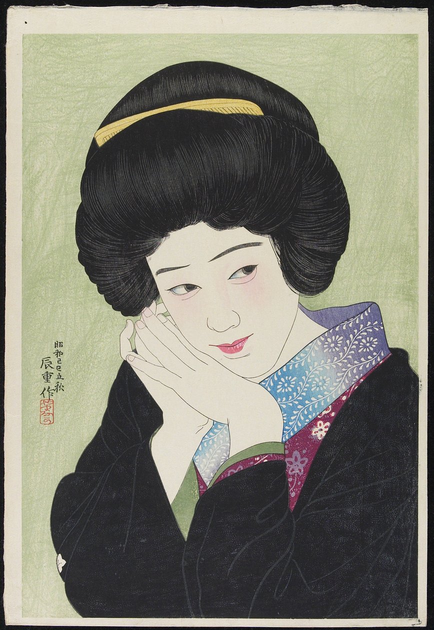 Skuespillerinnen Sakai Yoneko, august 1929 (treblokktrykk i farger) av Yamanaka Kodo 1869 1945 Yamanaka Kodo 1869 1945