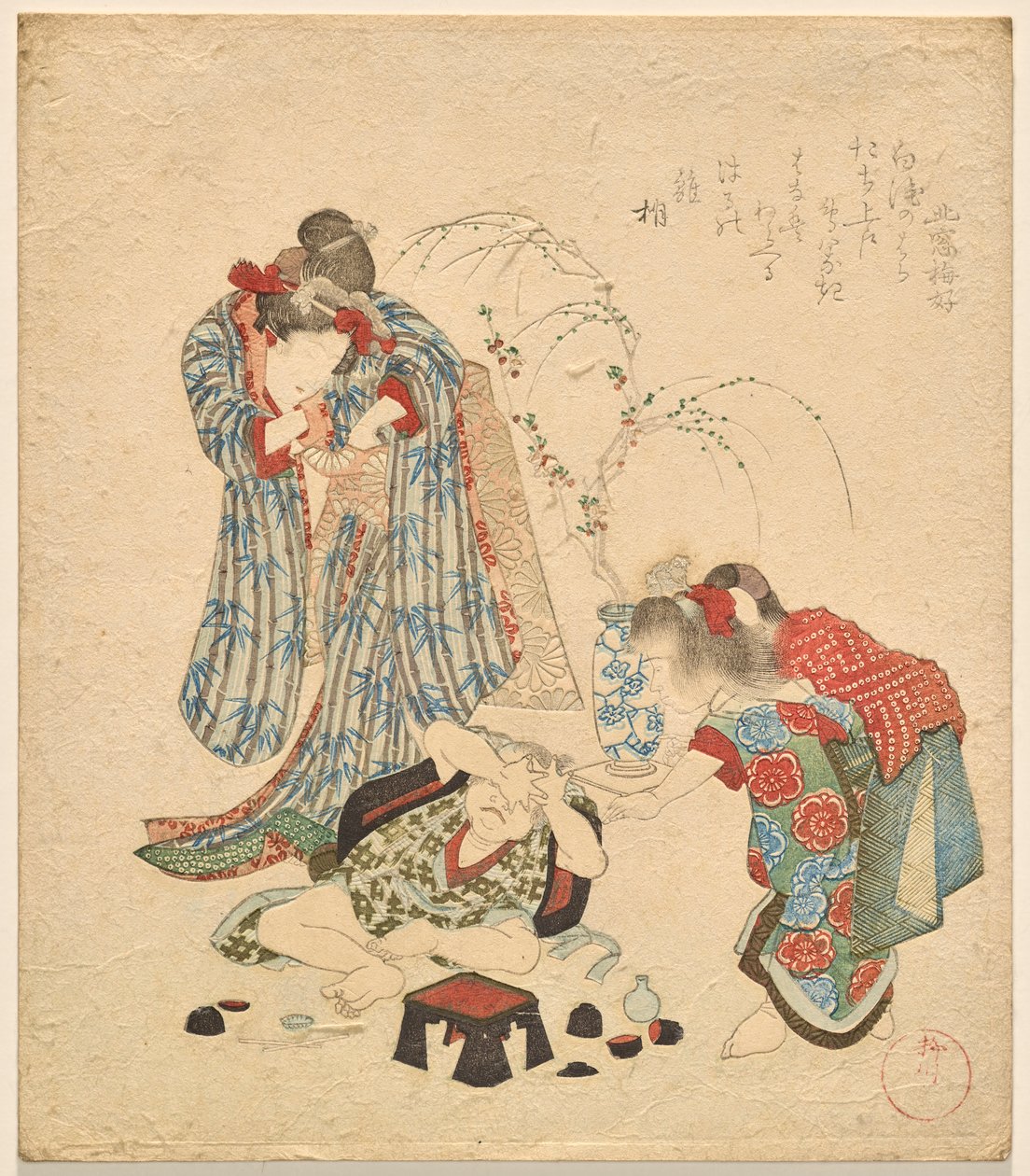 To jenter med lillebroren som veltet sakesettet av Yanagawa Shigenobu II