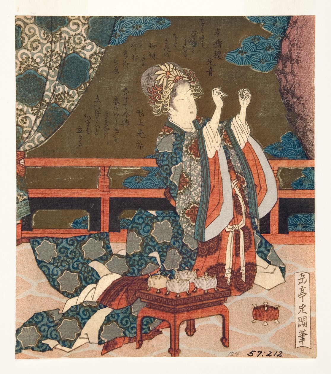 Kinesisk kvinne undersøker en tråd, 1823-25 (treblokk) av Yashima Gakutei