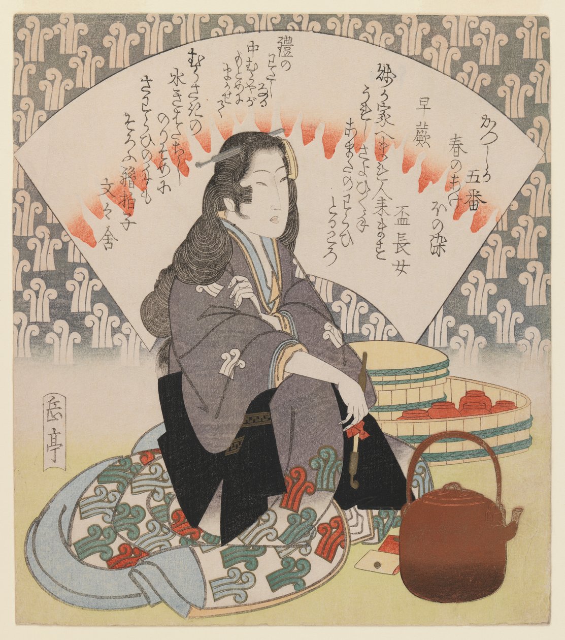 Servitris og kobberkjele fra serien på 5 Surimono for Katsushika Poetry Club, ca. 1830 (treblokktrykk, shikishiban-format, deluxe-trykk med omfattende metaller) av Yashima Gakutei