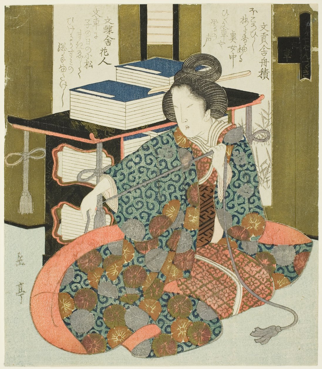 En kvinne som trekker i snoren til en bokveske med hjul, fra serien "A Set of Seven for the Katsushika Club" av Yashima Gakutei