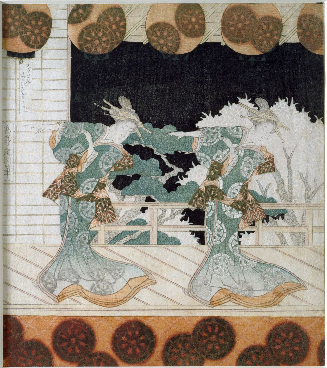 Dansere i tradisjonell drakt på en scene Japansk trykk "Surimono" av Yashima Gakutei (1786-1868) 1822 Privat samling av Yashima Gakutei