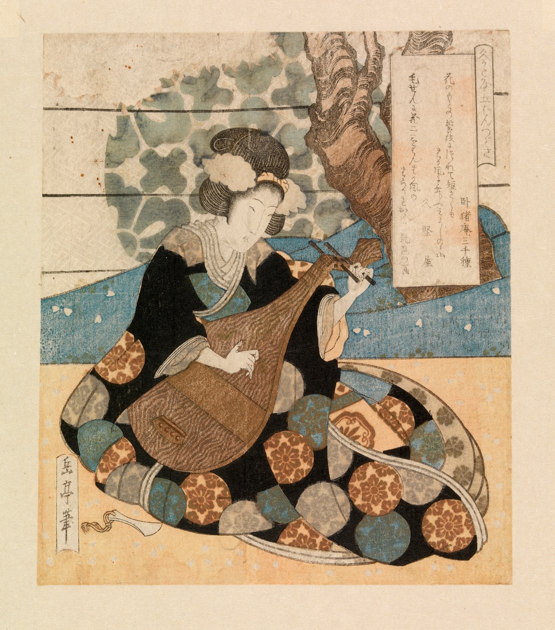 Dame som spiller et instrument, ca. 1804-40 (fargetresnitt) av Yashima Gakutei