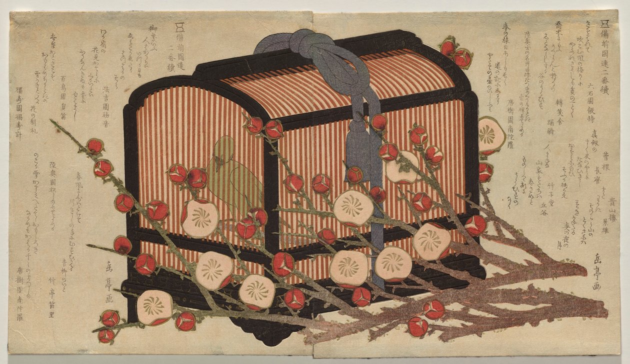 To kontinuerlige design for Bizen Province Club under Go-gawa Group: Sanger i et bur med grener av blomstrende plomme av Yashima Gakutei