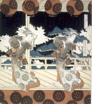 To dansere opptrer på scenen, fra The Dance at Furuichi for Hisakataya Group-serien, ca. 1822 (blekk) av Yashima Gakutei