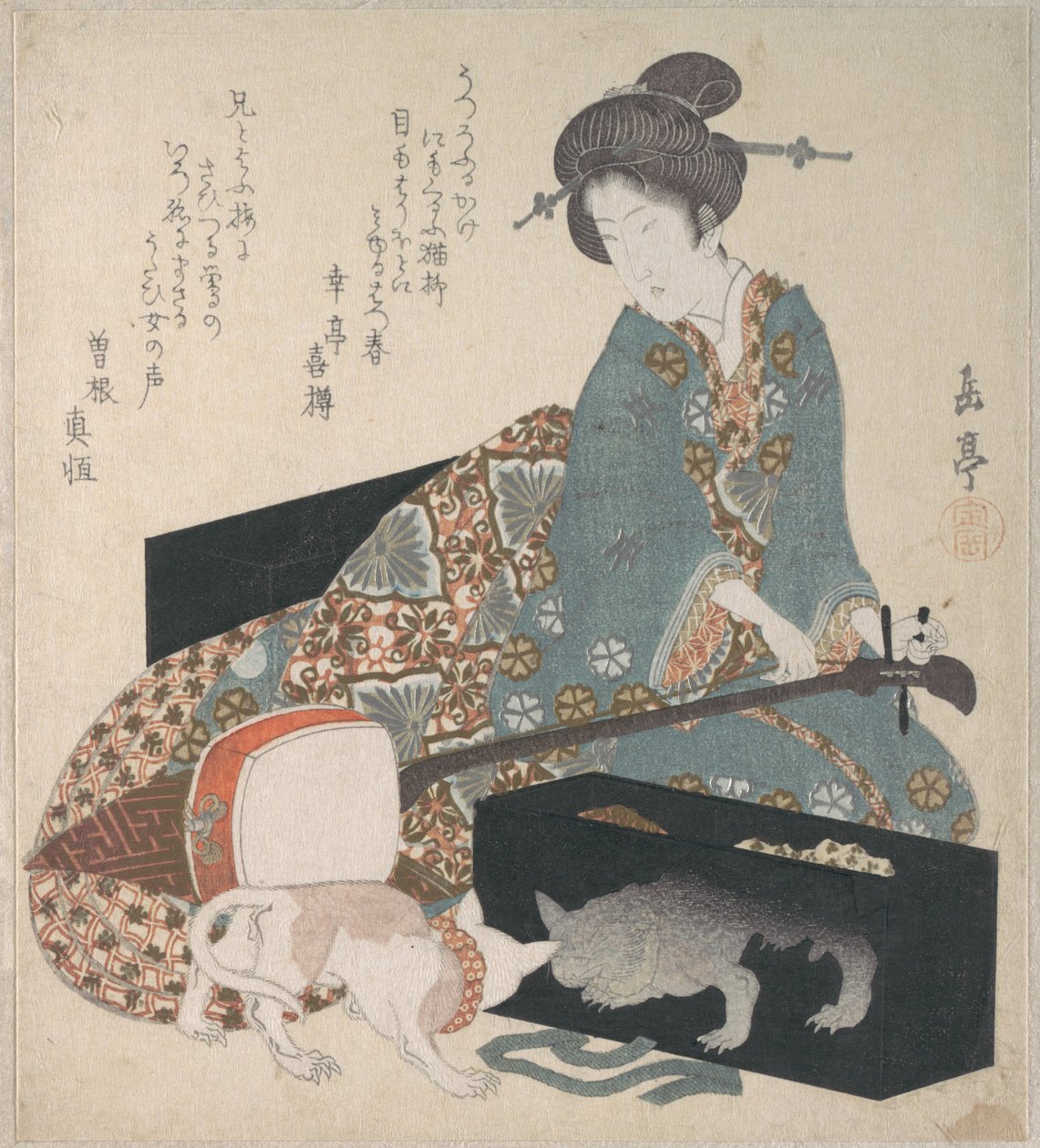 Kvinne som stemmer en shamisen, og en katt som ser på sitt eget speilbilde av Yashima Gakutei