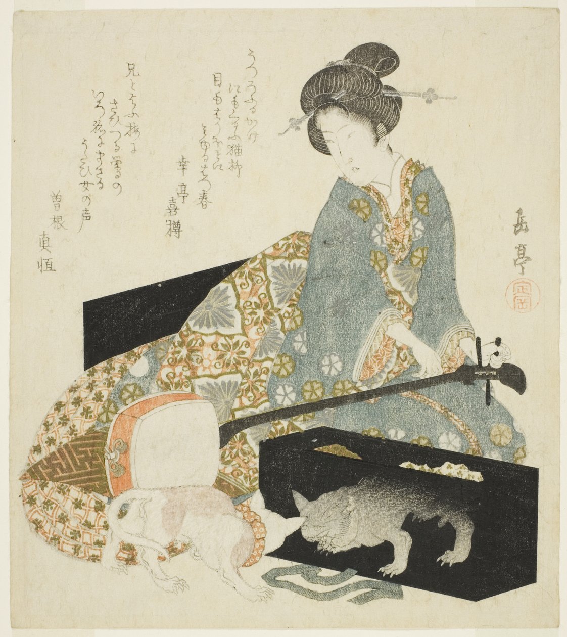 Kvinne med Shamisen og katt av Yashima Gakutei