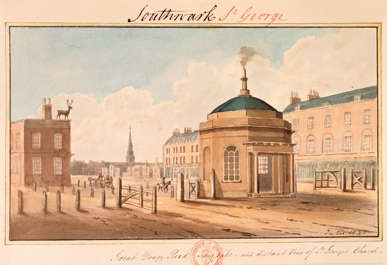 Turnpike på Great Dover Road, Southwark, London, 1825 av Yates