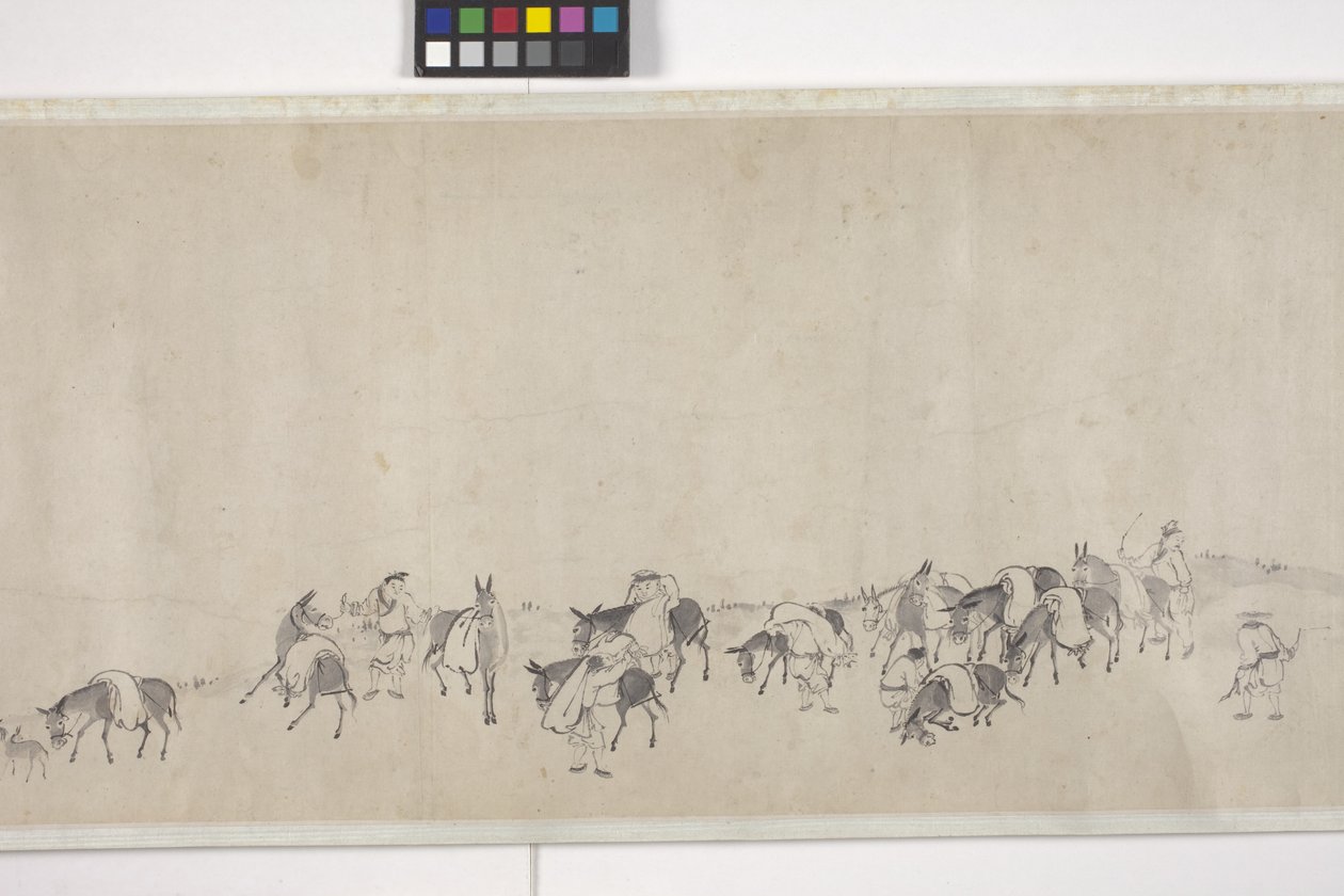 Ett hundre esler som transporterer korn, håndrull, ca. 1700 (blekk på papir) av Ye Yin