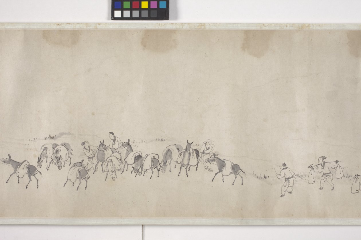 Ett hundre esler som transporterer korn, håndrull, ca. 1700 (blekk på papir) av Ye Yin