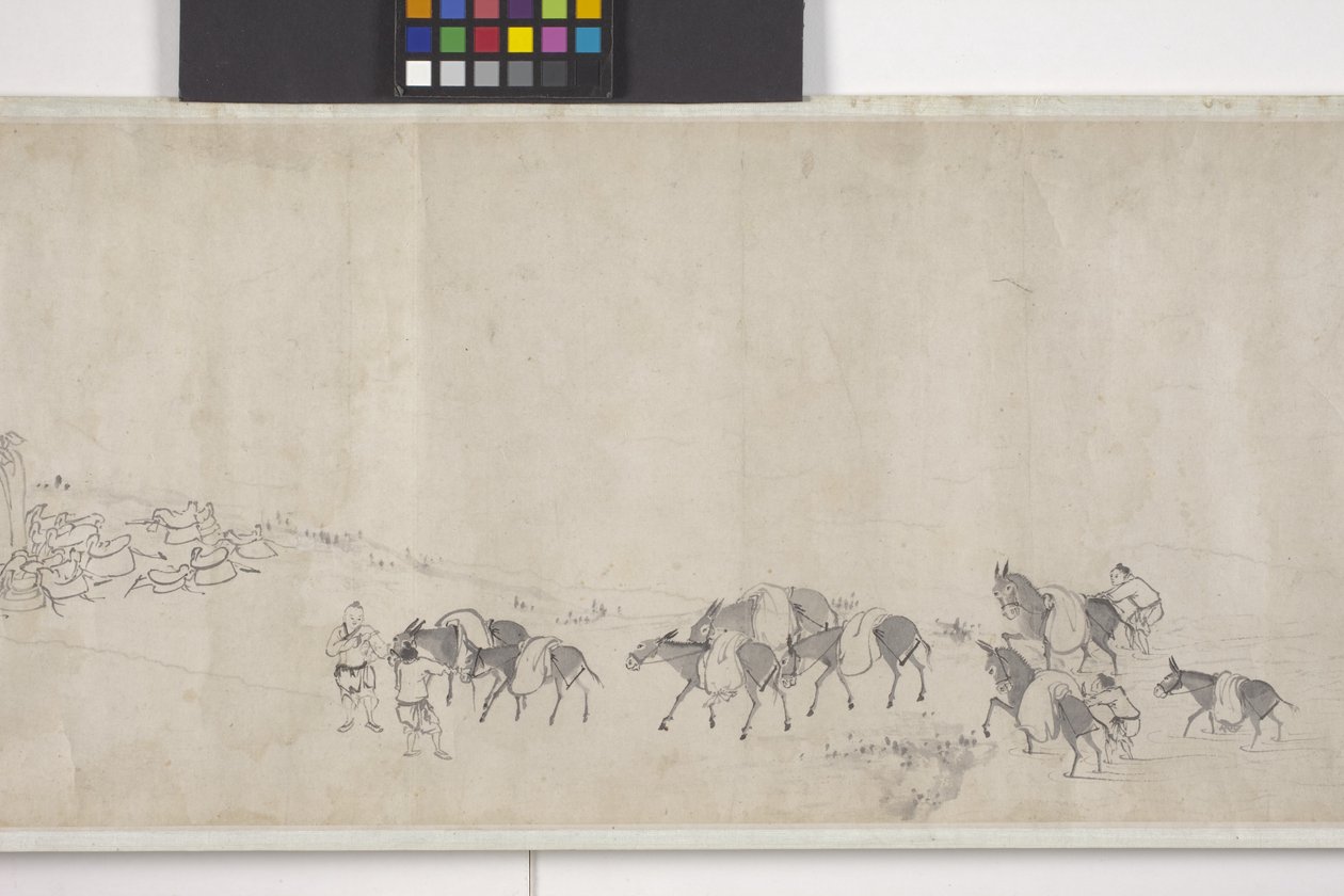 Ett hundre esler som transporterer korn, håndrull, ca. 1700 (blekk på papir) av Ye Yin