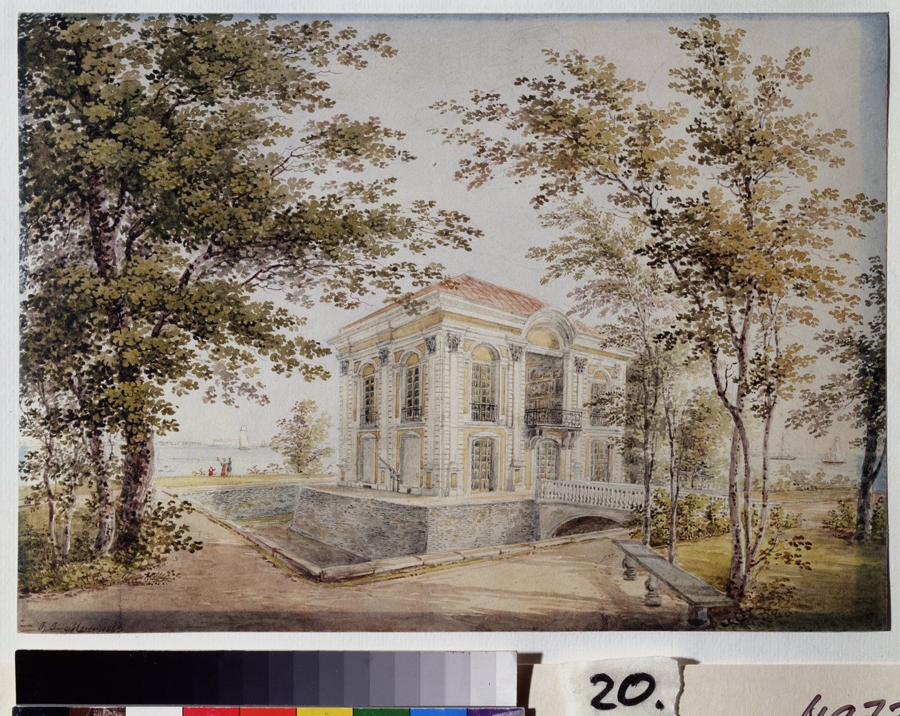 Hermitage-paviljongen i Peterhof. Denne paviljongen, også kalt nye Monplaisir, ble bygget i 1725 av arkitekten J. F. Braunstein. Verk av Yegor Yegorovich Meier (1822-1867), akvarell på papir, rundt 1850. Ar av Yegor Yegorovich Meier