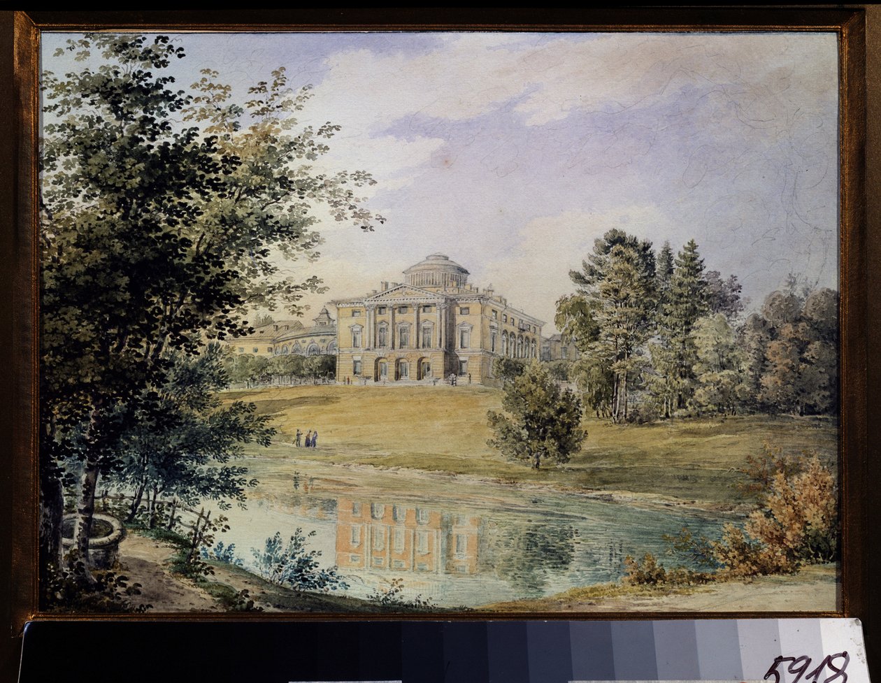 Utsikt over Pavlovsk-palasset (Sankt Petersburg). (Utsikt over Pavlovsk-palasset). Bygget mellom 1782 og 1786 av arkitekten Charles Cameron. Verk av Yegor Yegorovich Meier (1822-1867), akvarell på papir av Yegor Yegorovich Meier