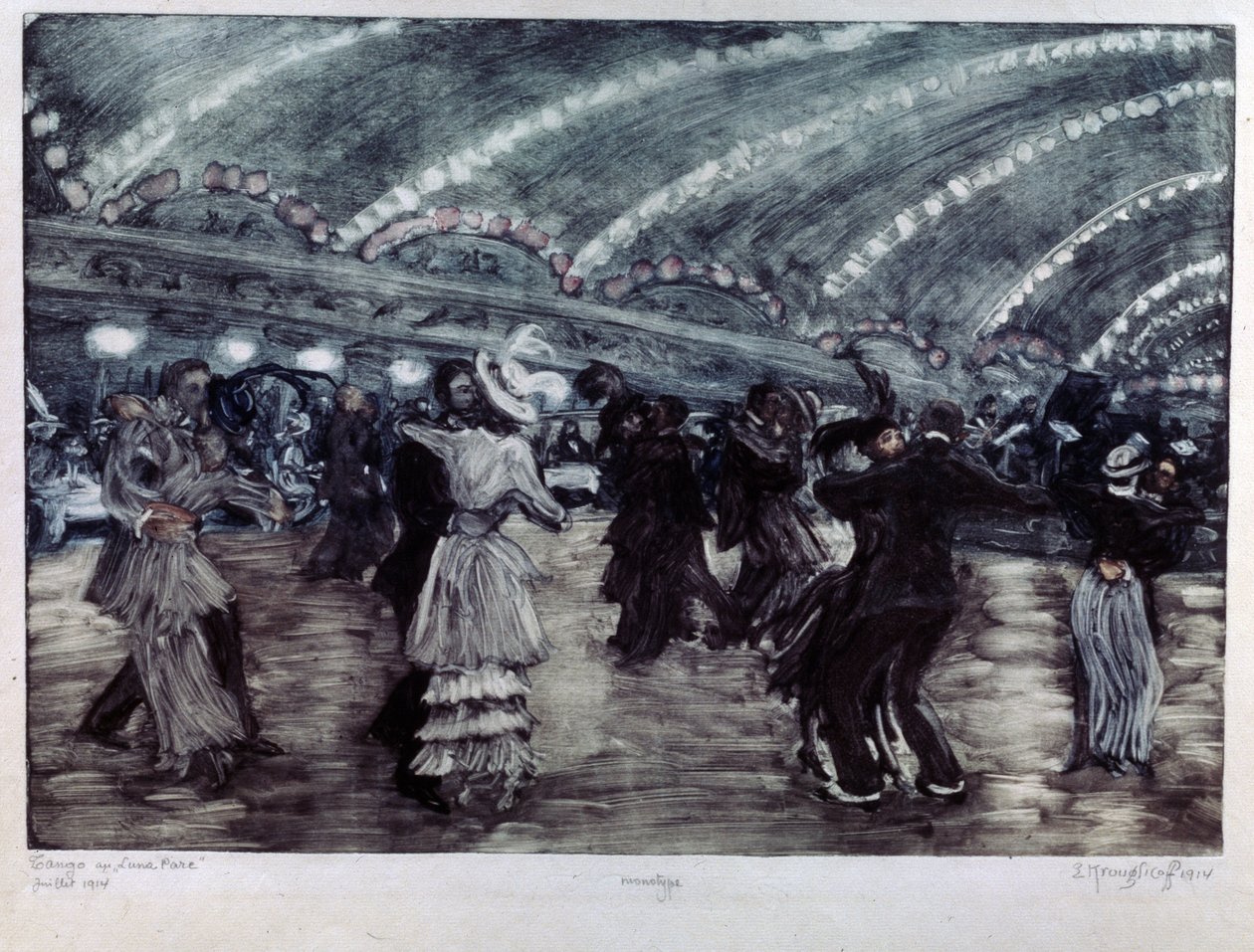 Tango a Luna Park (Tango Dance at Luna Park). Par dansere på et bredt gulv, opplyst fra taket av kranser av lys. Kunstverk av Yelisaveta (Elisabeth) Sergeyevna Krouglikova (Elizaveta Sergeevna Krouglikova) (1865-1941), gravering ( av Yelisaveta Sergeyevna Kruglikova