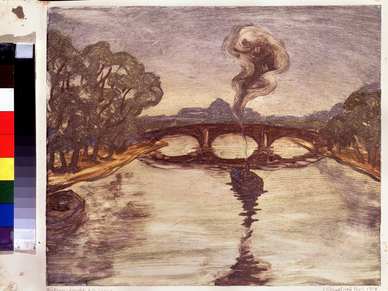 En båt på Seinen. (En båt på Seinen). Peinture de Yelisaveta (Elisabeth) Sergeyevna Kruglikova (Elizaveta Sergeevna Krouglikova) (1865-1941), estampe (monotype) av Yelisaveta Sergeyevna Kruglikova