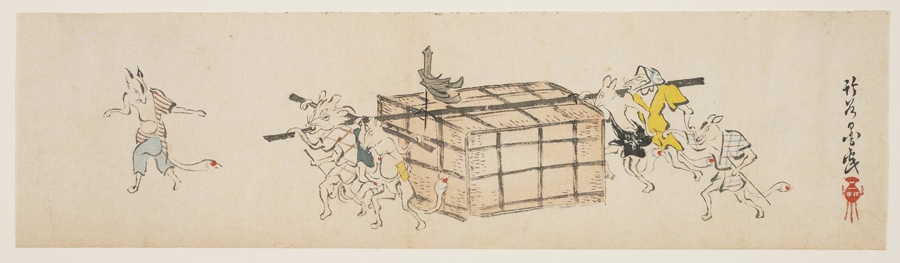 White Foxes Carrying a Coffer, ca. 1840 (farget treblokktrykk) av Yoda Chikkoku