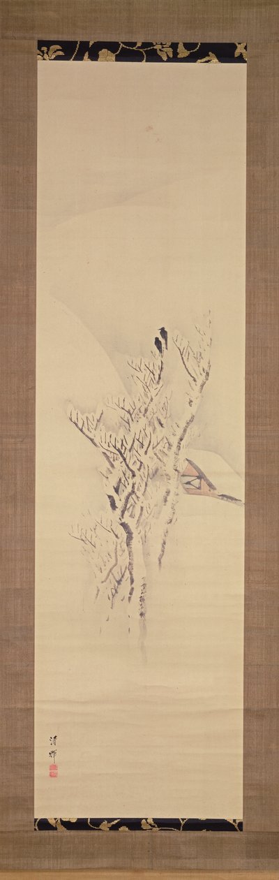 Snølandskap med kråker i treet, ca. 1820-50 (blekk og farger på papir) av Yokoyama Seiki
