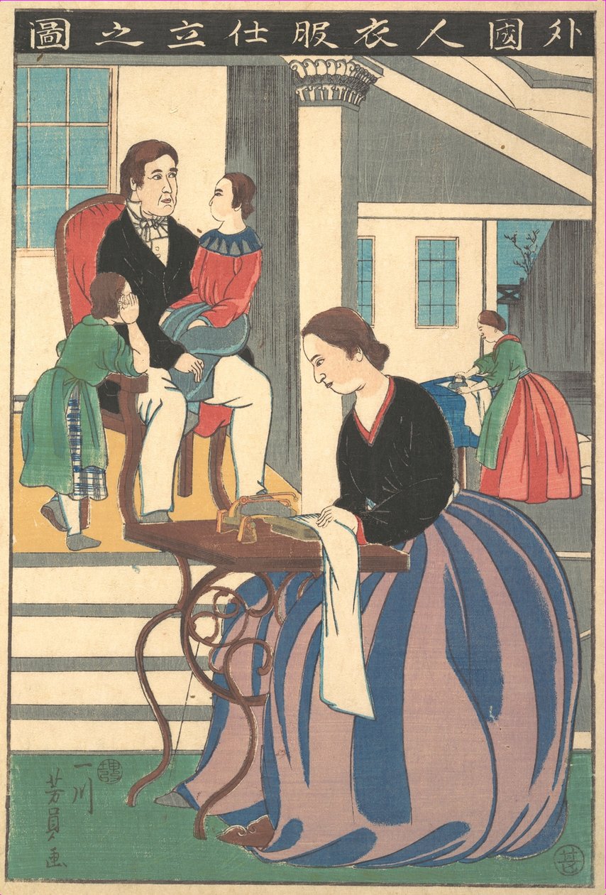 Bilde av en utlending som lager klær, 1860. av Yoshikazu