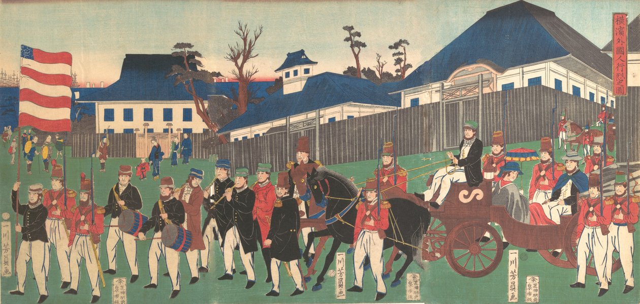 Bilde av en prosesjon av utlendinger ved Yokohama, 2. måned, 1861. av Yoshikazu