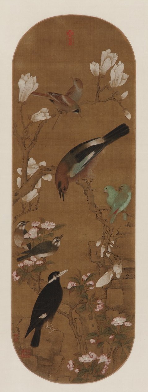 Fugler og blomster, Qing-dynastiet (blekk og farge på silke) av Yu Zhiding