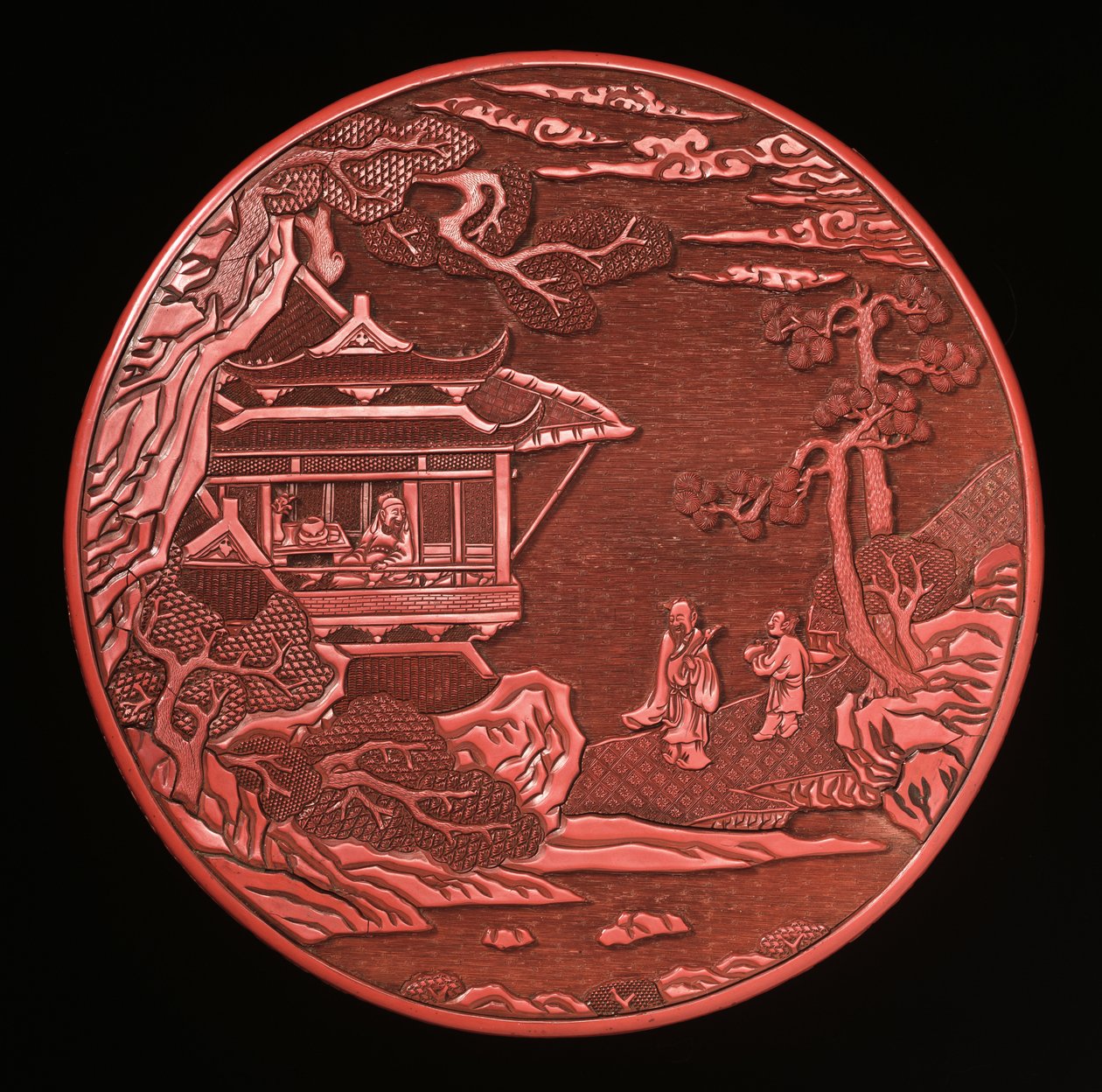 Sirkulær utskåret sinoberboks og deksel (lakkert tre) (se også 272180 og 272181) av Yuan Dynasty Chinese School