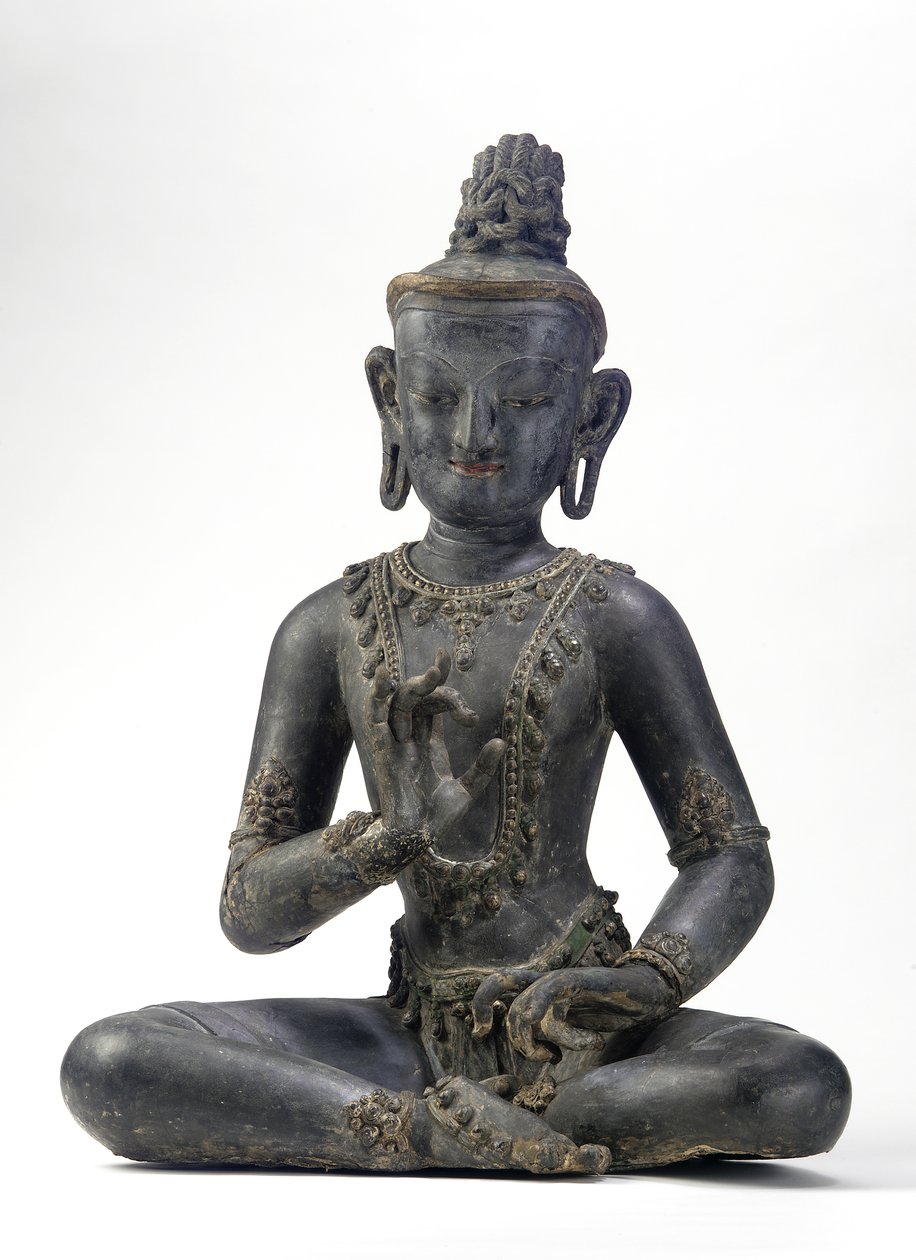 Bodhisattva i nepalesisk-kinesisk stil (lakk, klut, spor av blå, gull og grønn maling og bladgull) av Yuan Dynasty Chinese School