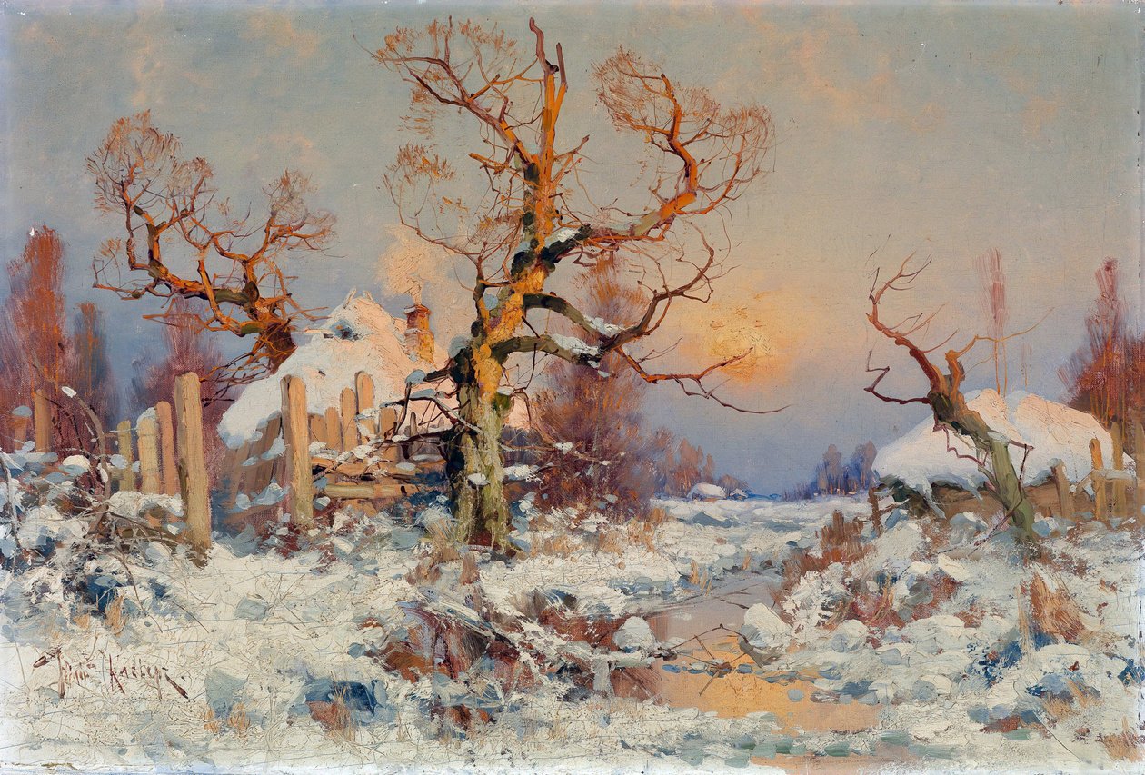 Vinterlandskap i kveldssol. Maleri av Juli Julievich (Julius) von Klever (1850-1924), olje på lerret, slutten av 1800-begynnelsen av 1900-tallet. Russisk kunst, realisme. Privat samling. av Yuly Klever
