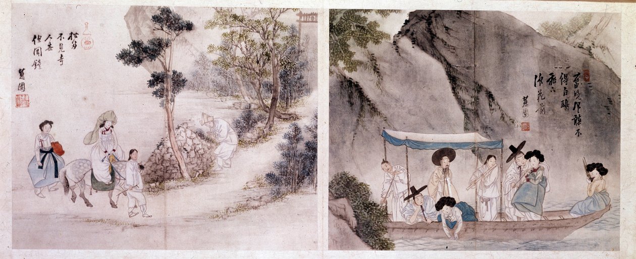 Art coreen: tur- og båtscene. Trykk av Sin Yun Bok (eller Hyewon) (født 1758). 18. århundre. av Yun bok Sin