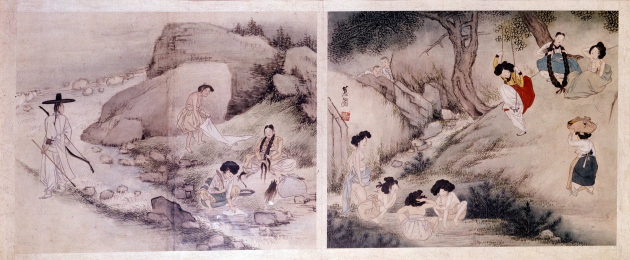 Art coreen: kvinner som vasker klærne og kler på seg selv, og kvinner som tar toalettet og underholder seg selv. Trykk av Sin Yun Bok (eller Hyewon) (f. 1758). Hyung Pil Chun-kolleksjonen av Yun bok Sin