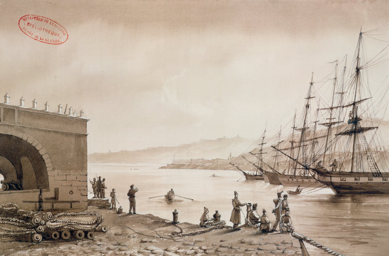 Utsikt over Fort Bab Azoun fra havnen, Alger, ca. 1830-31 (wc på papir) av Yung