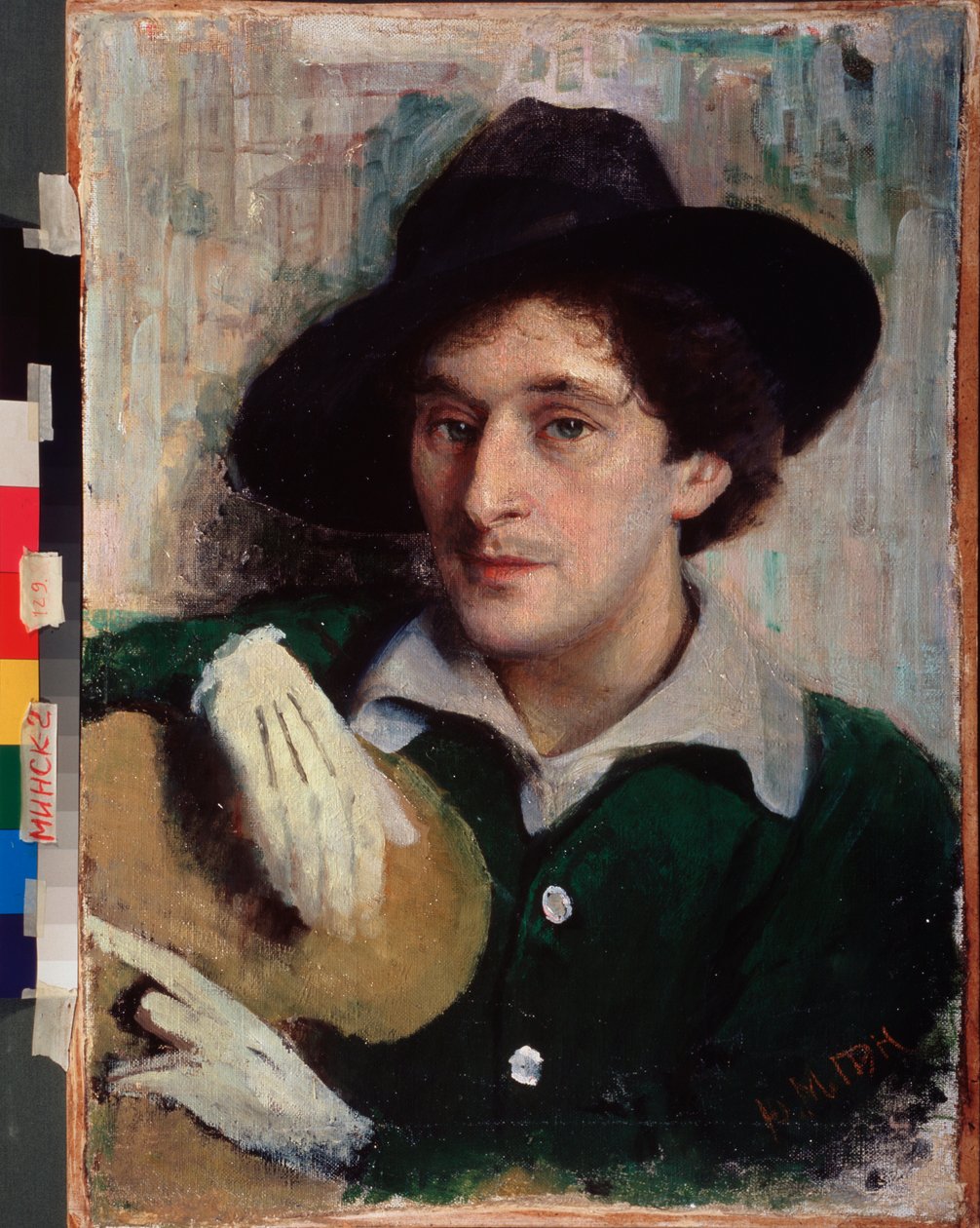 Portrett av kunstneren Marc Chagall (1887-1985). (med svart lue og hvite hansker holder han nonchalant paletten sin). Maleri av Yuri (Yehuda) Moiseyevich Pen (1854-1937), olje på lerret, ca 1910. Russisk kunst, 1900-tallet. Nasjonalt kunstmuseum av Yuri Moiseyevich Pen