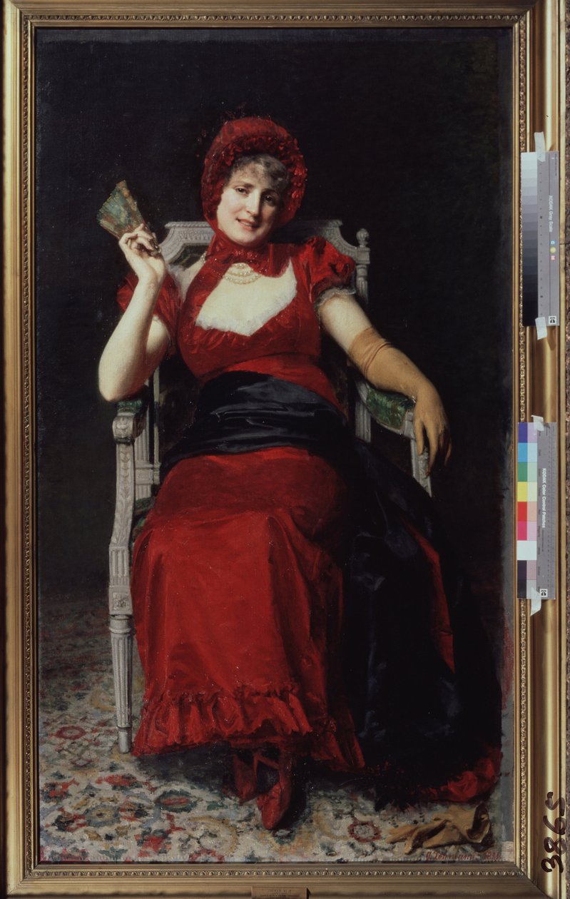 Kvinne i en kjole i Directoire-stil (Lady in a Directoire-kjole). Iført hanske og vifte er kjolen rød i fargen for å matche båndhetten og skoene hennes. Maleri av Yuri Jacovlevich Lehman (Youri Leman) (1834-1901), olje på t. av Yury Jacovlevich Lehman